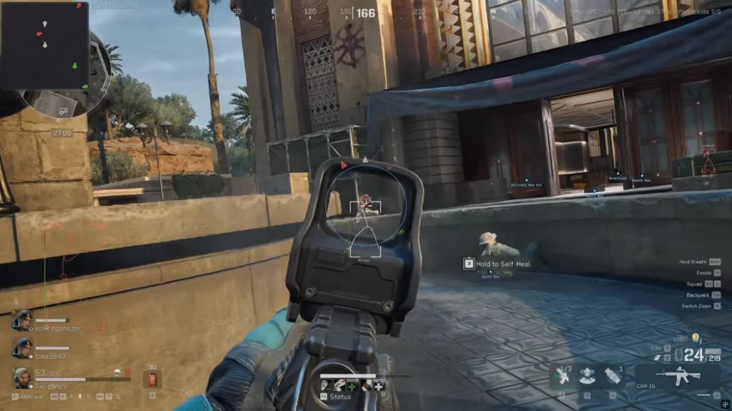Loot labels for Military Med Kit, Briefcase, and Death Box visible through a courtyard wall.