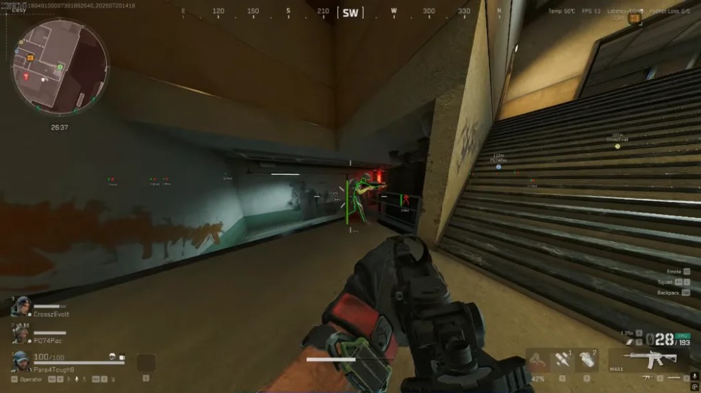 Green skeleton ESP on a player behind an interior wall beside a concrete stairwell.